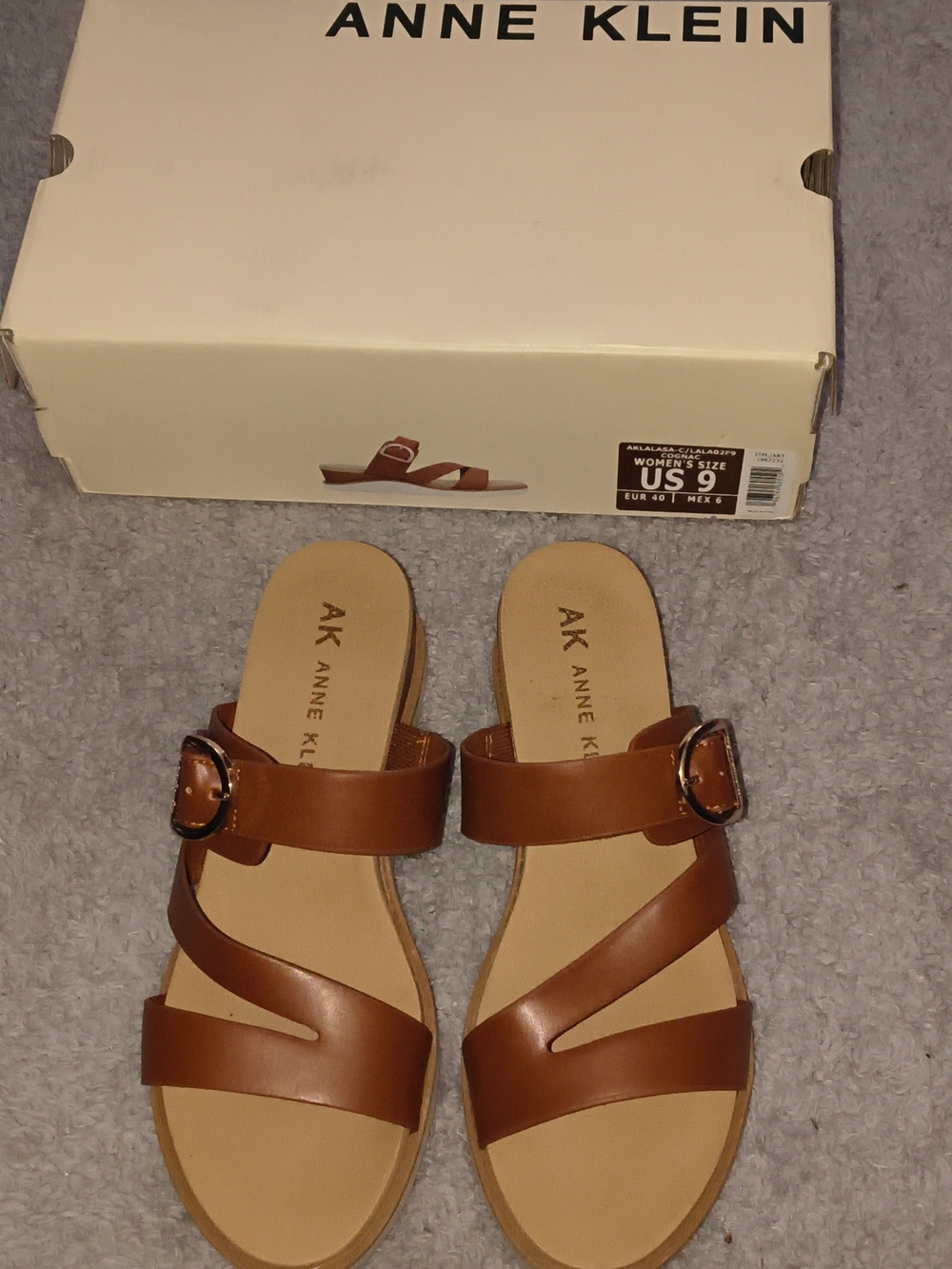 Anne Klein Brown Leather Buckle Slide Sandals